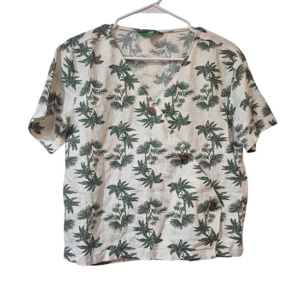 Dip Women's White with Green Print Linen/Rayon Short Sleeve Wrap Front Shirt EUC